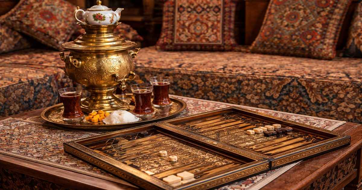 یک ایده برای تزیین خانه سنتی، چیدمان سماور قدیمی همراه با تخته نرد خاتم است.