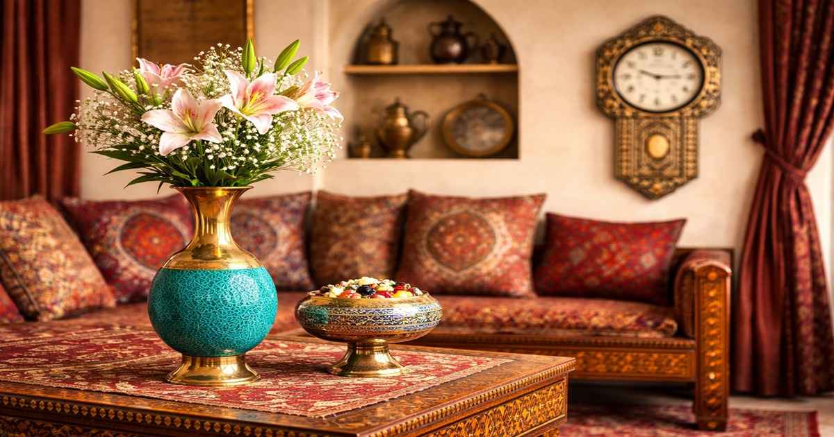 دیگر ایده تزیین خانه سنتی، تزیین خانه سنتی با ساعت خاتم و گلدان فیروزه کوبی است.