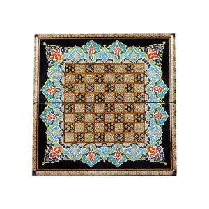 تخته نرد لب گرد اسلیمی زمینه مشکی با مهره و کیف اثر استاد معمار