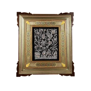 قاب 24*30 روشصتی 11 خاتم گره ای با پلاک ریز گل و مرغ اثر استاد خادم سفارشی شفقی